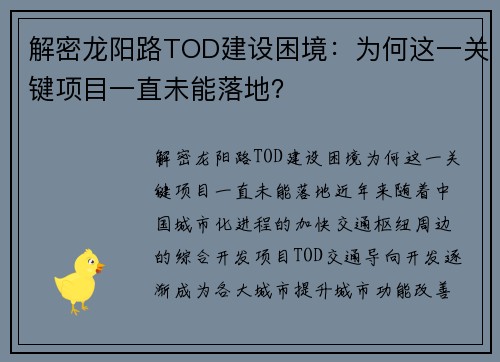 解密龙阳路TOD建设困境：为何这一关键项目一直未能落地？