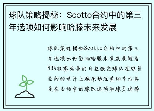 球队策略揭秘：Scotto合约中的第三年选项如何影响哈滕未来发展