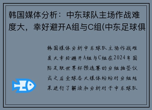 韩国媒体分析：中东球队主场作战难度大，幸好避开A组与C组(中东足球俱乐部)