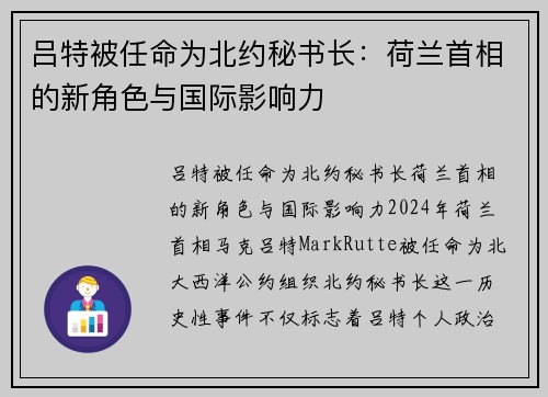 吕特被任命为北约秘书长：荷兰首相的新角色与国际影响力