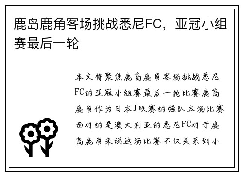 鹿岛鹿角客场挑战悉尼FC，亚冠小组赛最后一轮